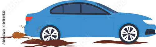 Dirty car mud splash off road driving blue sedan vehicle damage car trouble muddy road all terrain car wash needed automobile transport