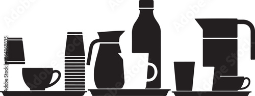 Coffee and tea utensils in black silhouette on white background