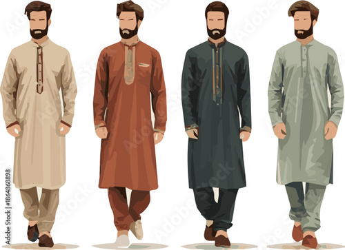 Create a kinds of deferent modern man Eid fashion dress vector art with white background.