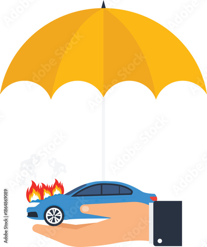 Car insurance concept with umbrella protecting burning car auto protection vehicle safety risk management accident coverage financial security emergency service asset protection