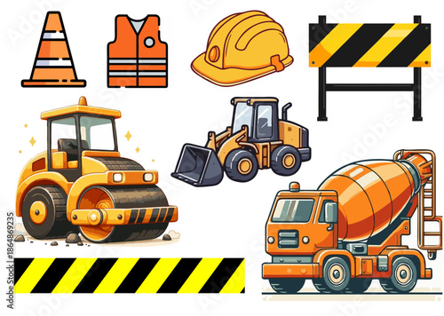 Flat vector set of construction equipment and heavy machinery. Includes cement truck, roller, bulldozer, helmet, and safety cones isolated on white for industrial design projects