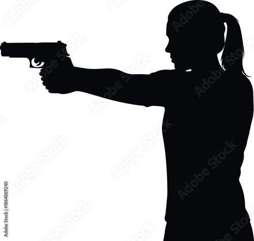 Black silhouette of a woman aiming a handgun, female shooter practicing at firing range, self defense and security concept on white,