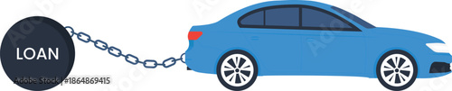 Car Loan Debt financial burden concept. Blue sedan chained to heavy ball. Vehicle financing, auto loan payment, credit problems, and financial stress.