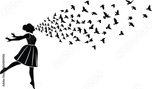Black silhouette of a woman blowing a swarm of birds from her mouth, conceptual illustration of freedom, inspiration and creativity,