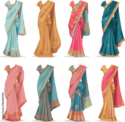 Create a kinds of deferent modern saree Eid fashion dress vector art with white background.