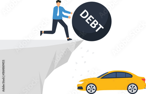 Businessman pushing debt ball off cliff financial problem concept heavy burden risk management bad investment loan payment economic recession financial crisis destroying car