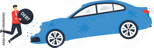Debt burden crashing a car financial crisis metaphor man escaping car loan problems money trouble vehicle damage financial stress bankruptcy risk economic recession asset loss