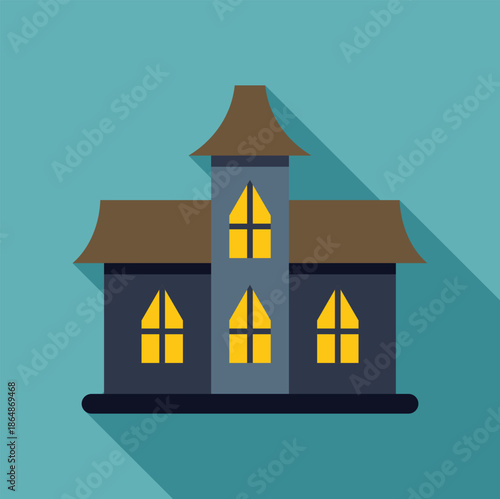 Spooky haunted house illustration featuring glowing windows and long shadow on blue background