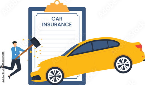 Car Insurance policy shield protecting yellow automobile. Vehicle protection, financial security, accident coverage, risk management, auto damage, insurance claim, transport safety, safety concept.