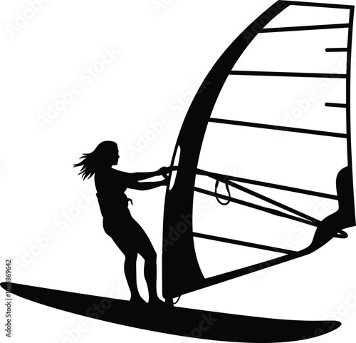 Black silhouette of a woman windsurfing on a board with sail, female athlete performing water sports isolated on white background,