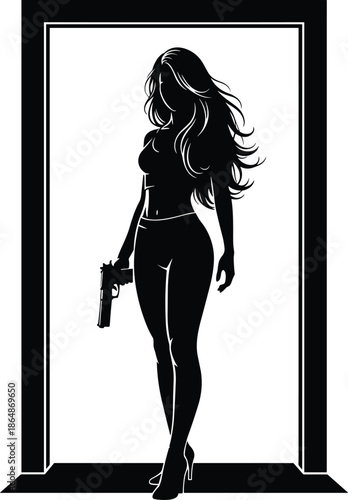 Black silhouette of a woman with long hair holding a handgun in a doorway, female secret agent or security concept,