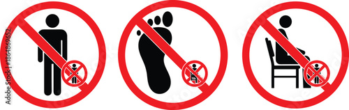 Set of Warning Signs Prohibiting Abuse, Sexual Harassment, Human Trafficking, and Exploitation (Standing, Foot, and Sitting Icons) in Red Circle Stop Symbol Vector Graphics.