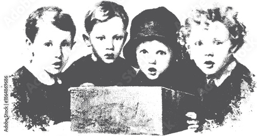 Group of children with surprised expressions around a box. Vintage black and white vector illustration depicting historical innocence.