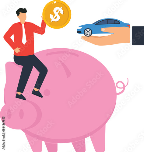 Car financing concept man on piggy bank saving money for new car. Auto loan financial planning vehicle purchase with dollar coin. Personal finance investment goal.