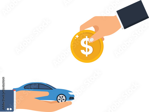 Buying car concept hand holding dollar coin for vehicle purchase auto finance car loan business transaction car payment auto insurance car dealer vehicle sale financial services