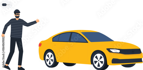 Car thief masked burglar planning auto theft of a yellow sedan. Vehicle crime and criminal activity concept showing security risk, property theft, and illegal act.