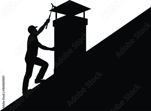 Black silhouette of a worker cleaning a chimney on a steep roof, professional chimney sweep service icon isolated on white,