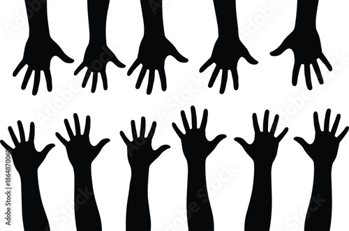 Black silhouette of human hands reaching up and down, group of diverse hands raised in air isolated on white background,