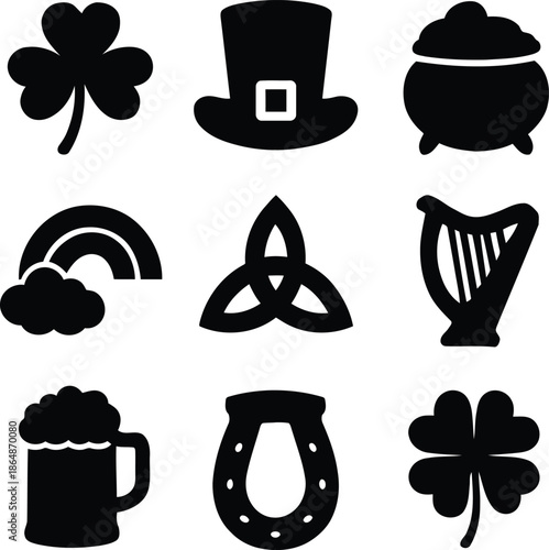 A collection of icons representing Irish culture and symbols in black and white