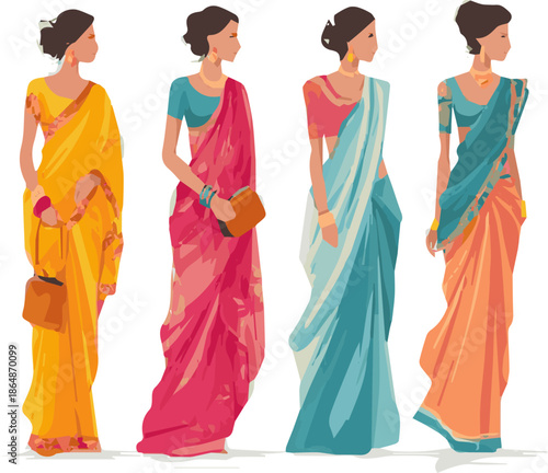 Create a kinds of deferent modern saree Eid fashion dress vector art with white background.