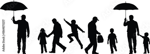 Black silhouette of people walking with umbrellas, family with children, group of diverse figures isolated on white background, outdoor life