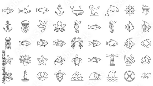 Sea life line icons, modern flat design, monochrome vector illustration, clean grid layout