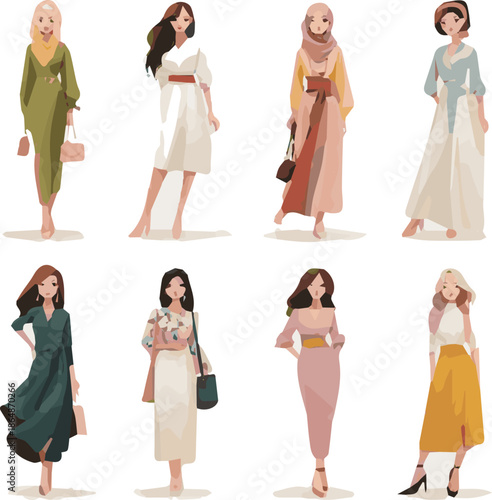 Create a kinds of deferent modern women Eid fashion dress vector art with white background.
