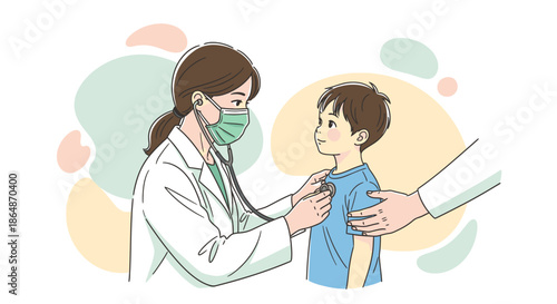 A masked female doctor attentively examines a young boy with a stethoscope during a routine pediatric check-up, symbolizing dedicated child healthcare and wellness.