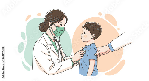 A caring female doctor wearing a mask conducts a thorough medical examination on a young boy using a stethoscope during a routine pediatric check-up.
