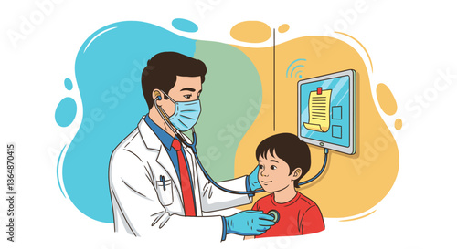 A compassionate male doctor, wearing a protective face mask and gloves, carefully examines a young boy with a stethoscope, symbolizing modern pediatric healthcare.