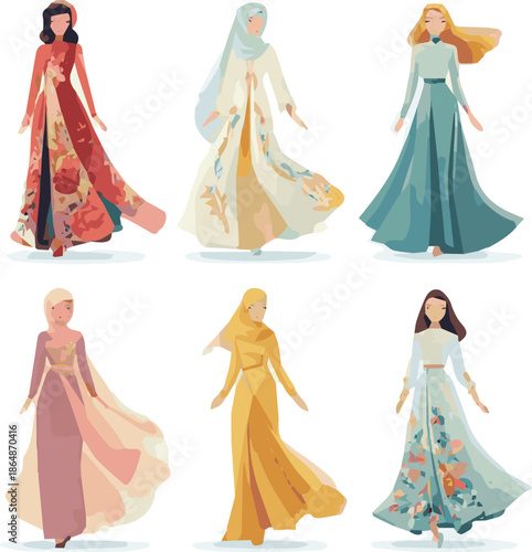 Create a kinds of deferent modern women Eid fashion dress vector art with white background.