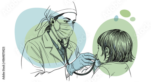 A compassionate doctor, fully equipped with a mask and gloves, attentively examines a young child using a stethoscope during a vital pediatric health check.