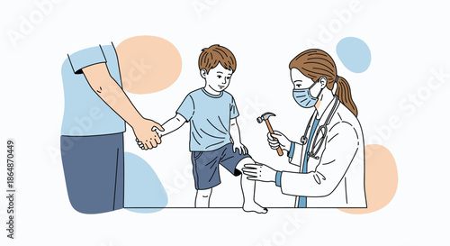 A compassionate pediatrician, wearing a mask, conducts a reflex test on a young boy's knee during his routine health check-up, with a supportive parent nearby.