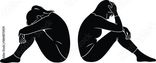 Black silhouette of two sad women sitting back to back, depressed female figures feeling grief and stress on white background,