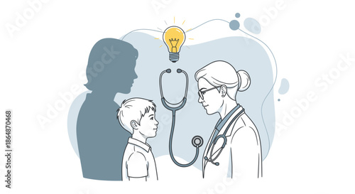 A thoughtful female pediatrician consults with a young boy, symbolizing medical communication, diagnosis, and finding healthcare solutions with parental presence.