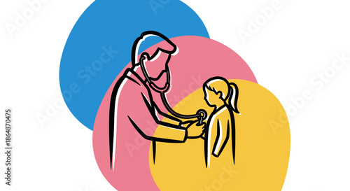 A friendly pediatrician conducts a thorough check-up on a young patient, emphasizing compassionate child healthcare with a modern graphic illustration.