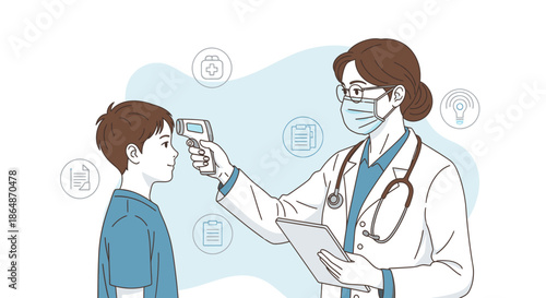 A medical professional in a mask uses a non-contact thermometer to check a child's forehead for fever, illustrating health screening.
