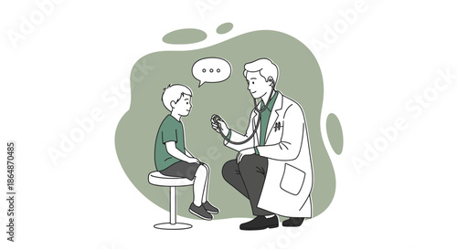 A compassionate male doctor provides a thorough medical examination to a young boy, ensuring his well-being and health in a clinic setting.