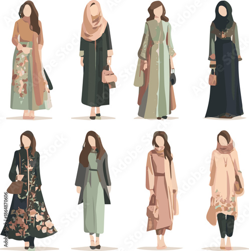 Create a kinds of deferent modern women Eid fashion dress vector art with white background.