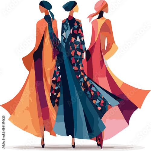 Create a kinds of deferent modern women Eid fashion dress vector art with white background.