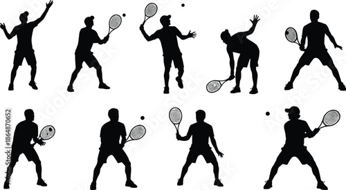 Black silhouette of various tennis players in action, group of professional athletes with rackets and balls isolated on white background,
