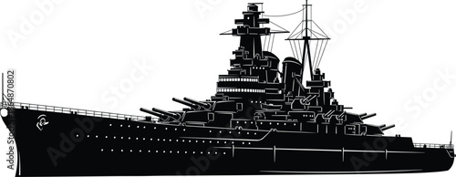 Battleship silhouette illustration, warship vector art, naval vessel design, military ship drawing, World War II graphic, historic maritime artwork, ocean defense concept image