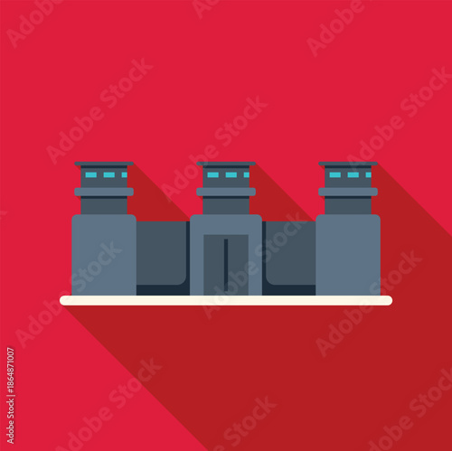 Industrial building with smokestacks generating power on a red background with a long shadow