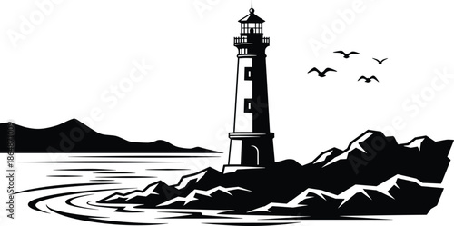 Black lighthouse silhouette illustration, coastal beacon artwork, rocky shore seascape, ocean waves, maritime navigation symbol, nautical vector design, isolated minimalist style graphic