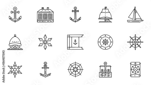 Nautical minimalist icon collection, black outline marine symbols, flat and graphic aesthetic