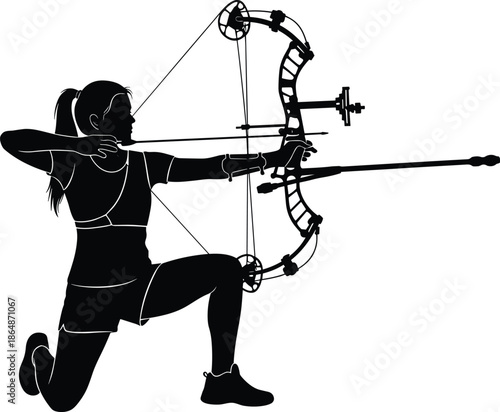 Silhouette of a female archer kneeling with a compound bow, professional athlete aiming arrow, competitive archery sport, isolated white background