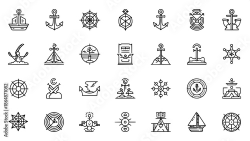 Nautical minimalist icon collection, black outline marine symbols, flat and graphic aesthetic