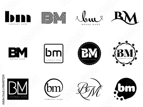 BM logo company template. Letter b and m logotype. Set different classic serif lettering and modern bold text with design elements. Initial font typography.