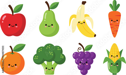 Cute Cartoon Fruit and Vegetable Characters Set with Smiling Faces Vector Illustration.