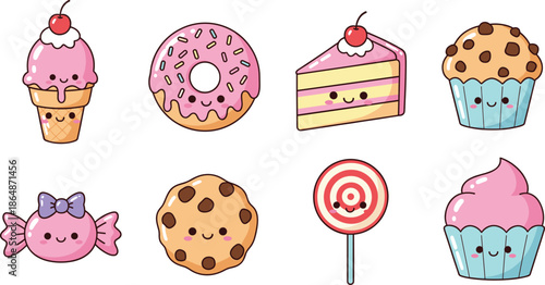Cute Cartoon Dessert Characters Set with Smiling Faces Donuts Cupcakes and Candy Vector.